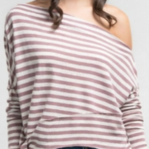 Lovestitch Striped Off-Shoulder Top - Grey & White - Picture 1 of 6